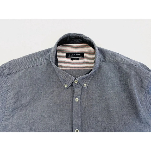 Zara Man Slim Fit Size 2XL Men's Blue Oxford Style Button Down Long Sleeve Shirt - Picture 9 of 9